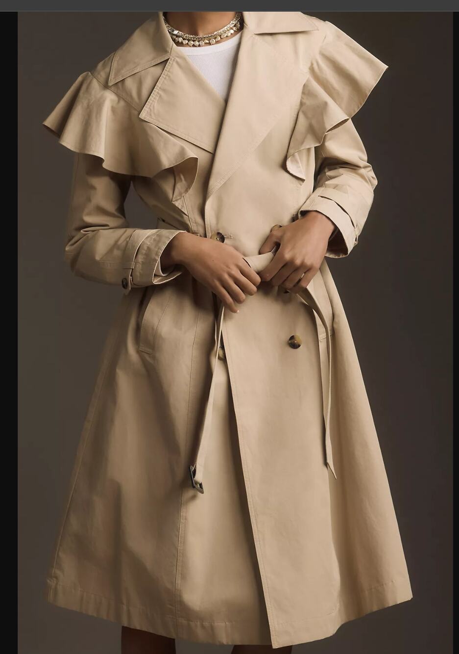 NWT Anthropologie Khaki Belted Trench Ruffled Coat - Size Large